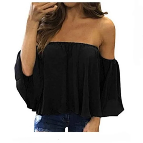EUC Black Bandeau bell sleeve top - Small - Picture 1 of 7